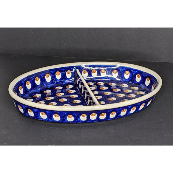 POLISH POTTERY BOLESLAWIEC BLUE OVAL DIVIDED BOWL 11 l/4" Serving Dish - Picture 1 of 8